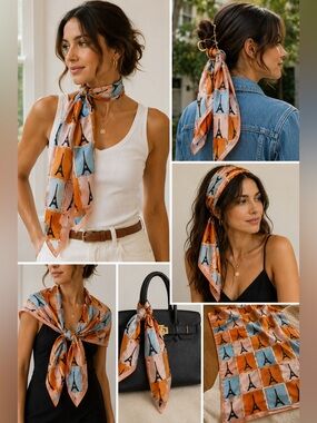 Brochier Soieries Paris Eiffel Tower 100% Silk Scarf Made In France Orange Blue
